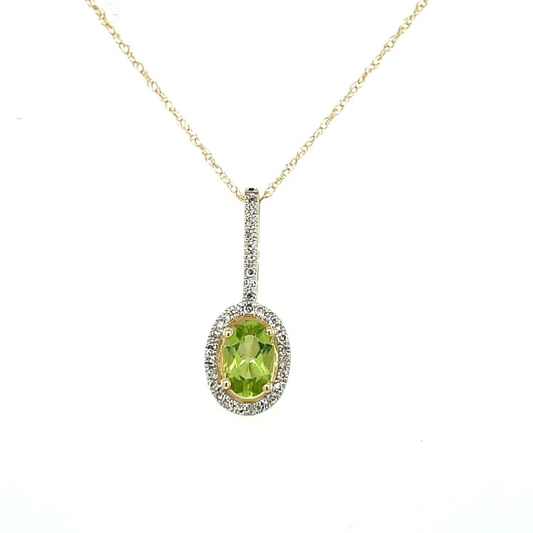 70191 14K YELLOW GOLD 0.10TCW DIAMOND HALO AND BALE WITH OVAL PERIDOT CENTER PENDANT SET