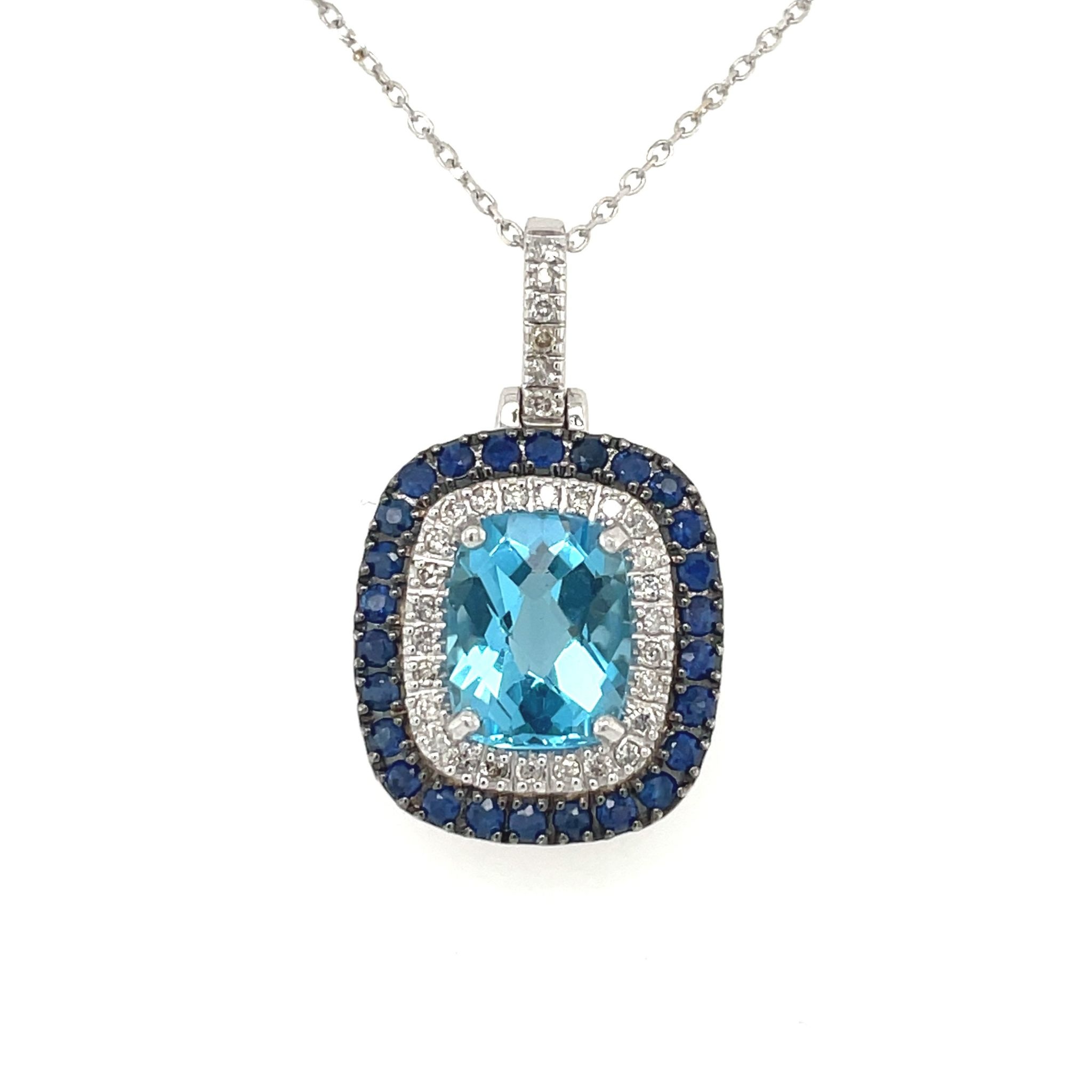 70192 14K WHITE GOLD .10TCW DIAMOND HALO BLUE SAPPHIRE HALO WITH BLUE TOPAZ CENTER PENDANT SET