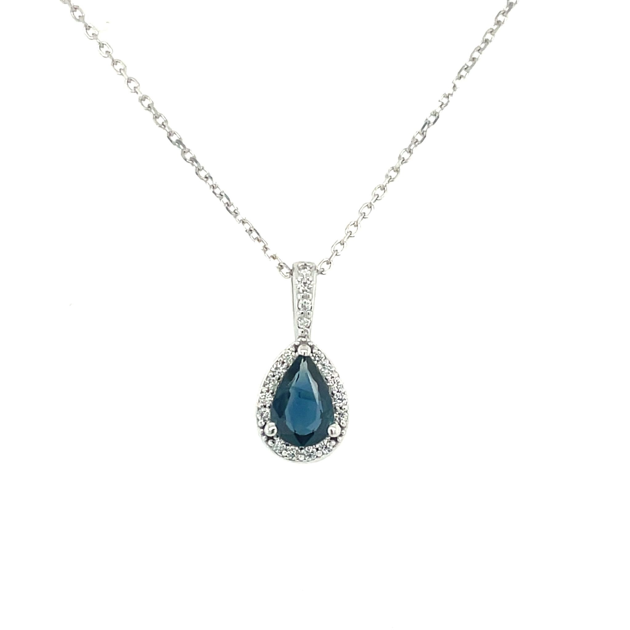 70195 14K WHITE GOLD .50TCW BLUE SAPPHIRE PEAR SHAPE WITH .15TCW DIAMOND HALO AND BALE PENDANT SET