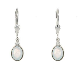 30589 14K WHITE GOLD CABOCHON OPAL CENTER BEZEL SET WITH 0.06TCW DIAMOND LEVERBACK EARRINGS