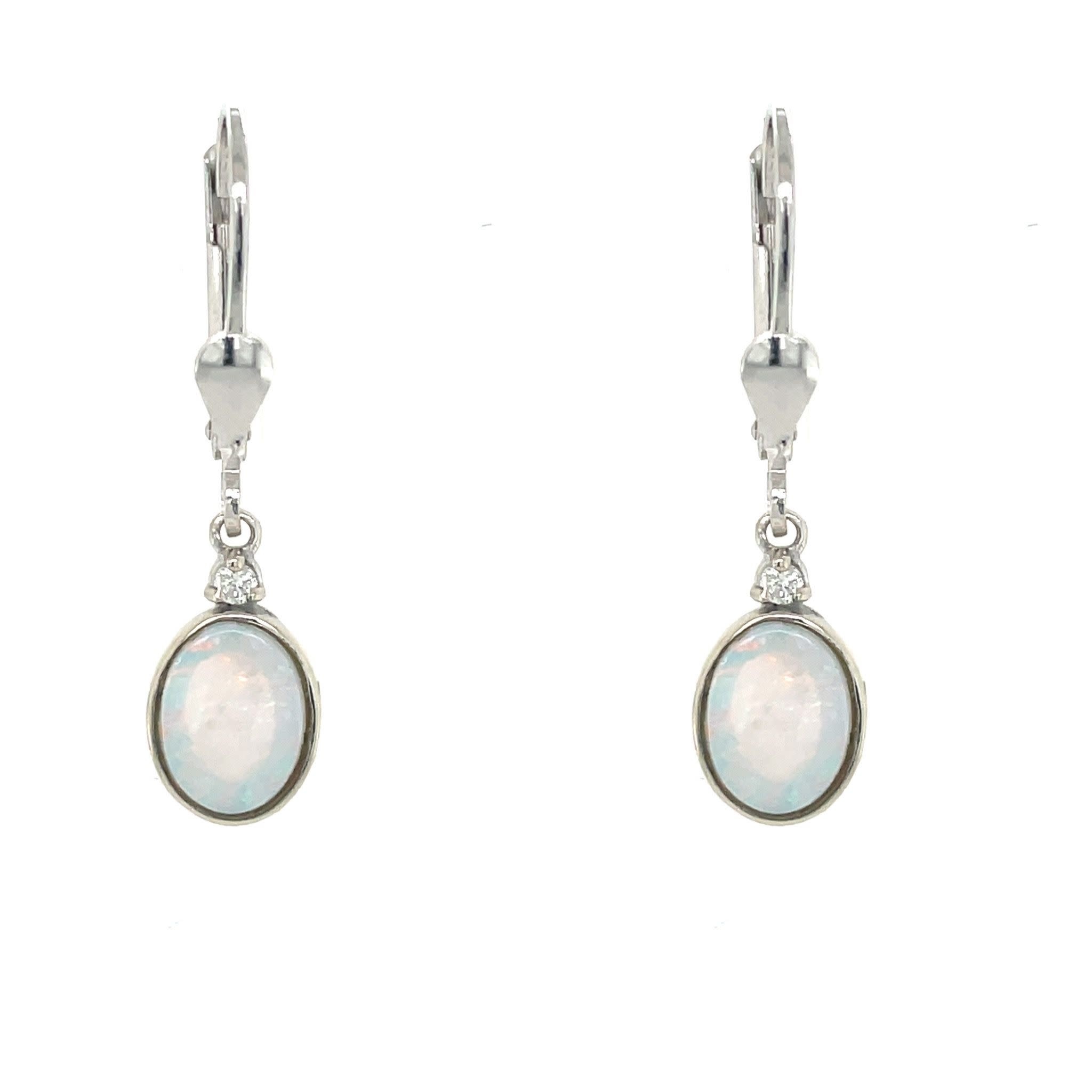 30589 14K WHITE GOLD CABOCHON OPAL CENTER BEZEL SET WITH 0.06TCW DIAMOND LEVERBACK EARRINGS