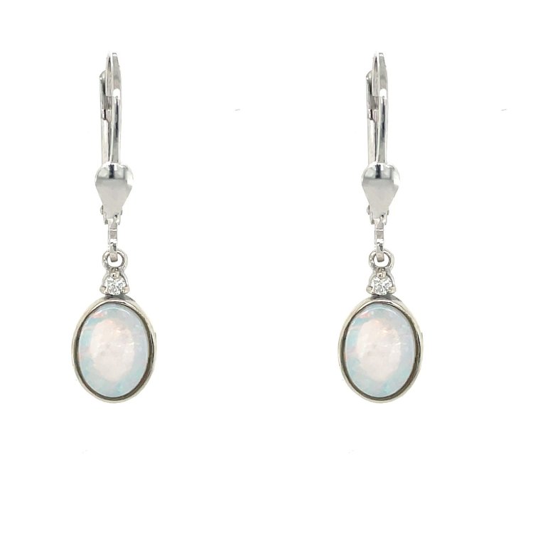 30589 14K WHITE GOLD CABOCHON OPAL CENTER BEZEL SET WITH 0.06TCW DIAMOND LEVERBACK EARRINGS