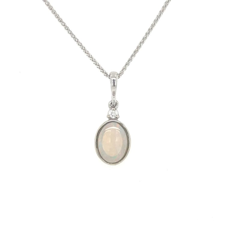 70198 14K WHITE GOLD OVAL CABOCHON OPAL BEZEL SET WITH .03CTW DIAMOND PENDANT NECKLACE