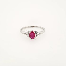 40129 14K WHITE GOLD LADIES 4 PRONG RUBY RING WITH 3 DIAMONDS ON EACH SIDE
