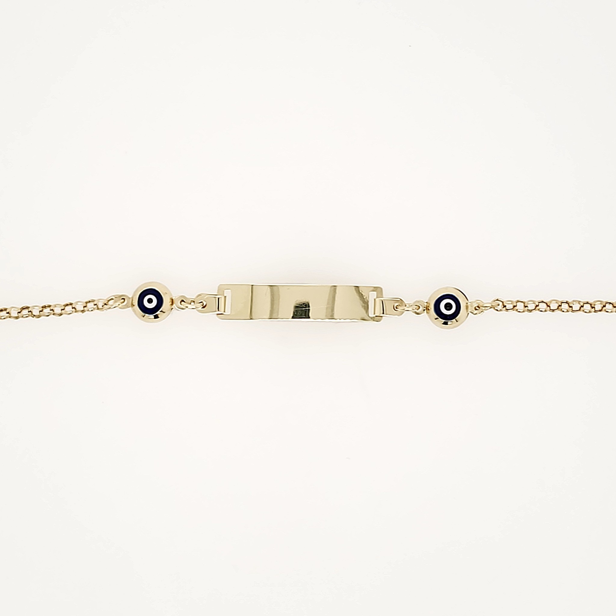 20174 14K YELLOW GOLD ROLO LINK WITH 2 EVIL EYE NAME ID KIDS BRACELET
