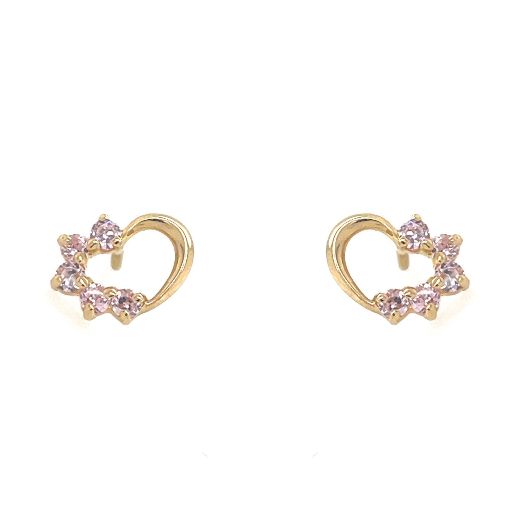 30610 14K YELLOW GOLD PINK CUBIC ZIRCONIA HALF HIGH POLISH OPEN HEART SCREWBACKS STUDS