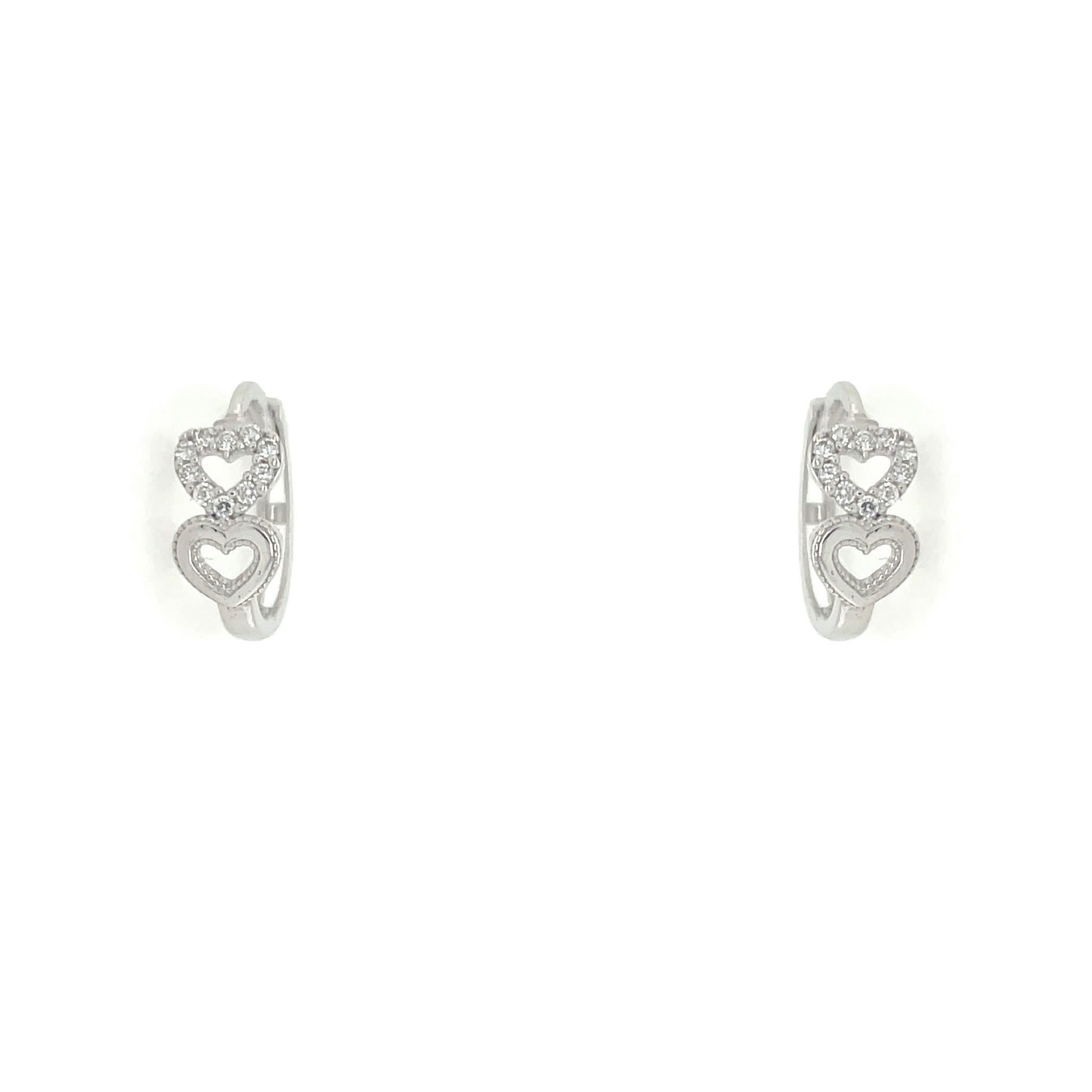 30605 14K WHITE GOLD CUBIC ZIRCONIA TWO OPEN HEARTS FILIGREE DESIGN HUGGIES