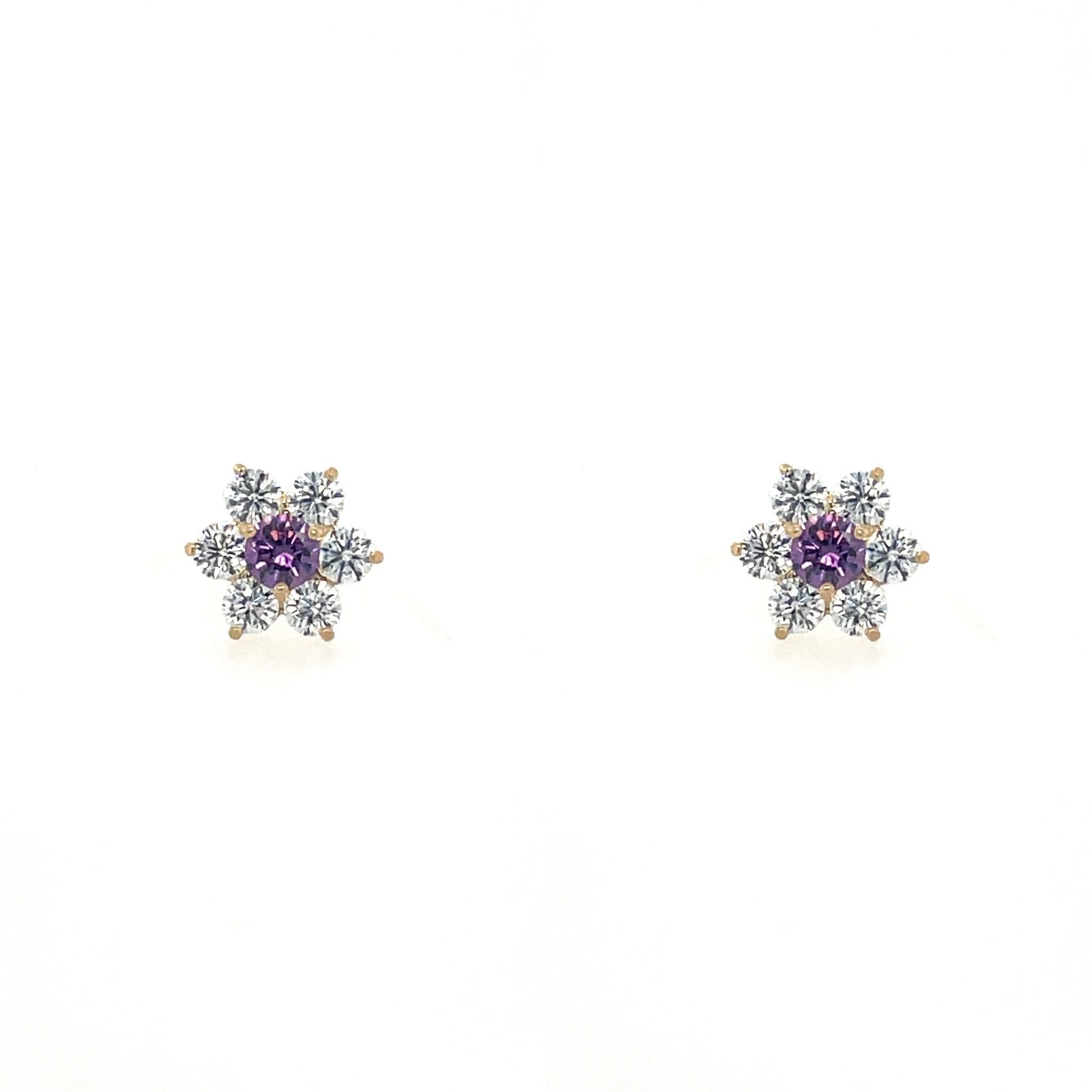 30612 14K YELLOW GOLD PURPLE FLOWER CUBIC ZIRCONIA SCREWBACKS STUDS