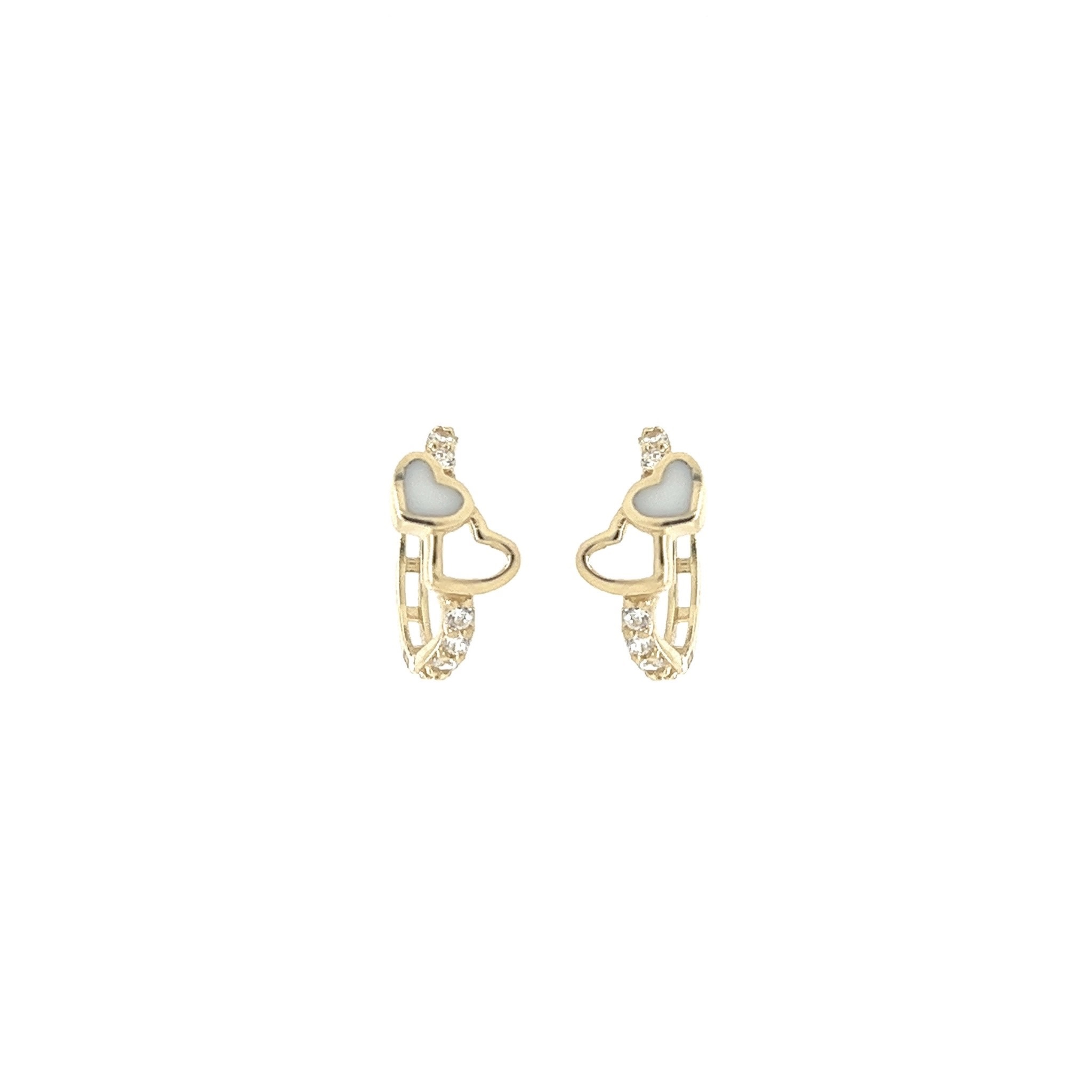 30598 14K YELLOW GOLD CUBIC ZIRCONIA OPEN HEART WHITE ENAMEL HUGGIES