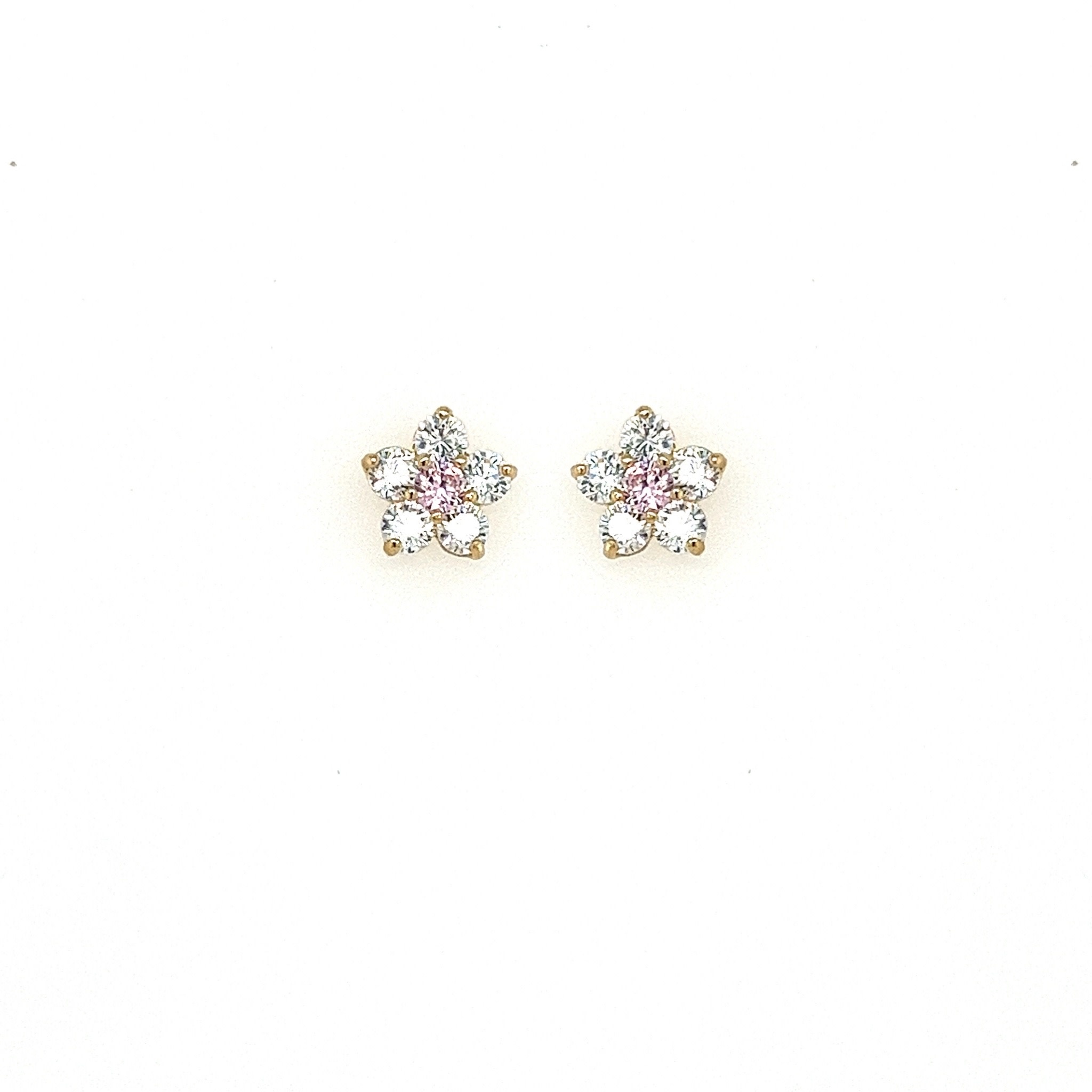 30615 14K YELLOW GOLD PINK FLOWER CUBIC ZIRCONIA SCREWBACKS STUDS