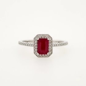 40133 14K WHITE GOLD .15CTW DIAMOND HALO  RUBY EMERALD CUT RING