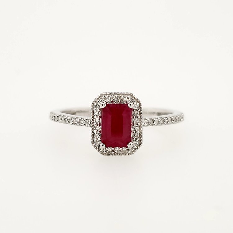40133 14K WHITE GOLD .15CTW DIAMOND HALO  RUBY EMERALD CUT RING