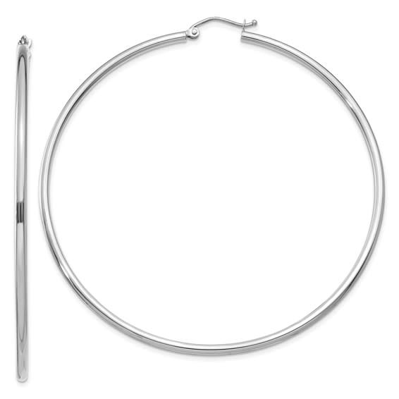 32115 14K WHITTE GOLD 2.5" 2MM HIGH POLISH PLAIN HOOPS