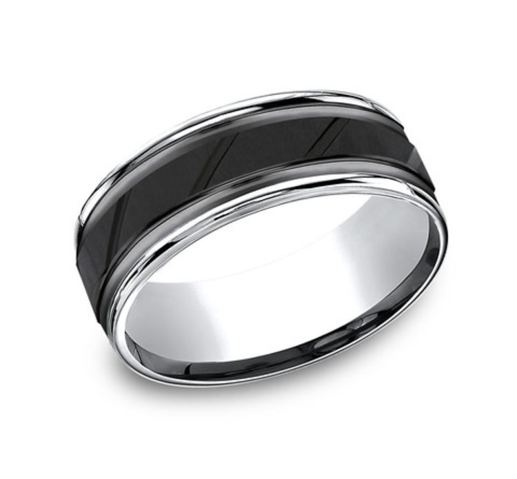 475099 8MM COBALT BLACK AND WHITE COMFORT FIT  DIAGONAL CUT CENTER POLISHED ROUND EDGES WEDDING BAND