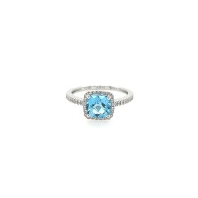 40135 14K WHITE GOLD .15CTW DIAMOND HALO CHECKERBOARD CUT BLUE TOPAZ RING