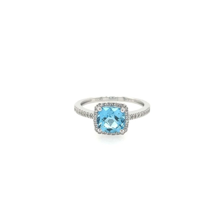 40135 14K WHITE GOLD .15CTW DIAMOND HALO CHECKERBOARD CUT BLUE TOPAZ RING