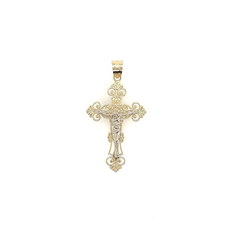 77193 14K 2 TONE 1.50"  FLEUR-DE-LIS INRI CRUCIFIX
