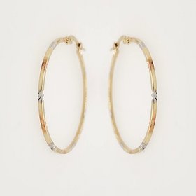 30663 14K TRI-COLOR1.25" 1.20MM  DIAMOND CUT HOOPS EARRINGS