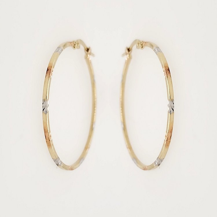 30663 14K TRI-COLOR1.25" 1.20MM  DIAMOND CUT HOOPS EARRINGS