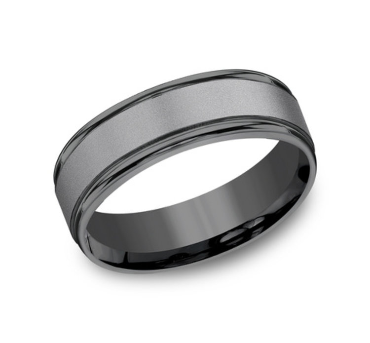 475107 7MM TUNGSTEN WITH SATIN FINISH AND POLISHED VERTICAL CUTS POLISHED  ROUND EDGES  MENS WEDDING BAND