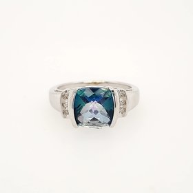 40145 10K WHITE GOLD DIAMOND HALF BEZEL  MYSTIC TOPAZ RING