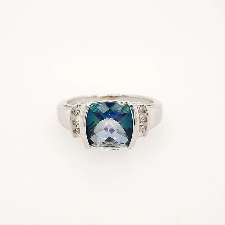 40145 10K WHITE GOLD DIAMOND HALF BEZEL  MYSTIC TOPAZ RING