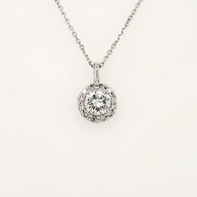 70216 14K WHITE GOLD .61CT G -SI1  DIAMOND CENTER  .24CTW DIAMOND HALO PENDANT NECKLACE
