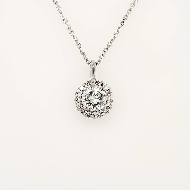 70216 14K WHITE GOLD .61CT G -SI1  DIAMOND CENTER  .24CTW DIAMOND HALO PENDANT NECKLACE