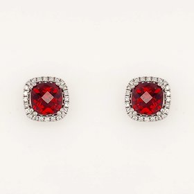 30672 14K WHITE GOLD .20CTW DIAMOND HALO CHECKERBOARD CUT GARNET STUDS