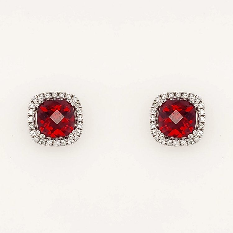 30672 14K WHITE GOLD .20CTW DIAMOND HALO CHECKERBOARD CUT GARNET STUDS
