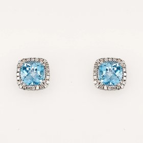 30671 14K WHITE GOLD  .20CTW DIAMOND HALO CHECKERBOARD CUT BLUE TOPAZ STUDS
