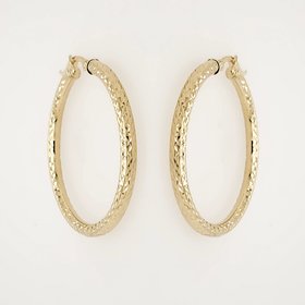 30675 14K YELLOW GOLD 2" 3MM  DIAMOND CUT HAMMERED TUBE HOOPS