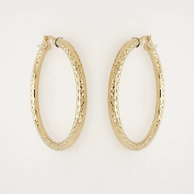 30675 14K YELLOW GOLD 2" 3MM  DIAMOND CUT HAMMERED TUBE HOOPS