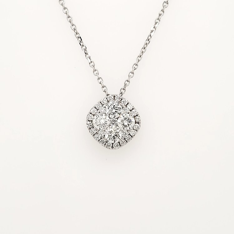 70221 14K  WHITE GOLD .60CT DIAMOND RHOMBUS SHAPE CLUSTER HALO  PENDANT NECKLACE