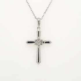 75025 14K WHITE GOLD .11CTW DIAMOND CLUSTERFLOWER CENTER HIGH POLISH CROSS PENDANT  NECKLACE