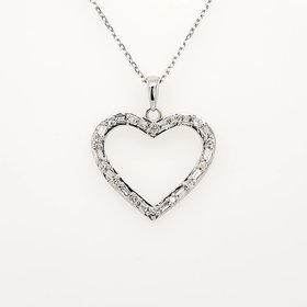 70219 14K WHITE GOLD .25CTW DIAMOND ROUND AND BAGUETTE OPENHEART PENDANT NECKLACE
