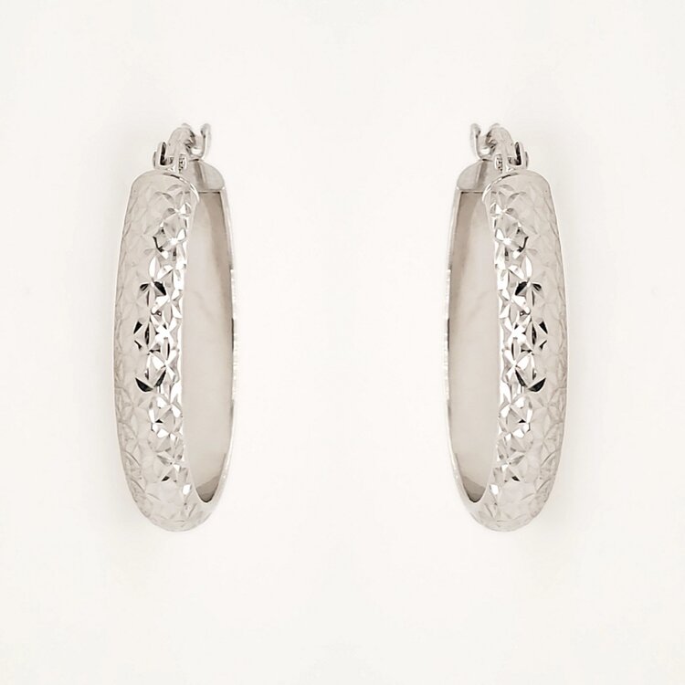 30679 14K WHITE GOLD 0.95" 3.70MM  OVAL DIAMOND CUT HOOPS