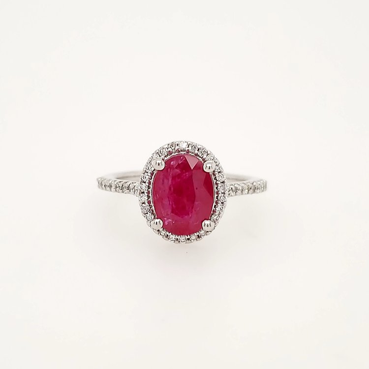 40148 14K WHITE GOLD 2.04CT GENUINE RUBY .35CT DIAMOND HALO LADIES RING