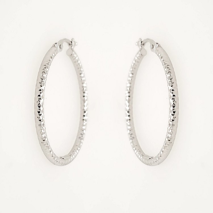 30690 14K WHITE GOLD 1.5" 3MM  DIAMOND CUT  HOOPS