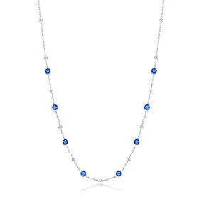 80148 STERLING SILVER BEZEL SET BLUE CUBIC ZIRCONIA BEADS STATION NECKLACE