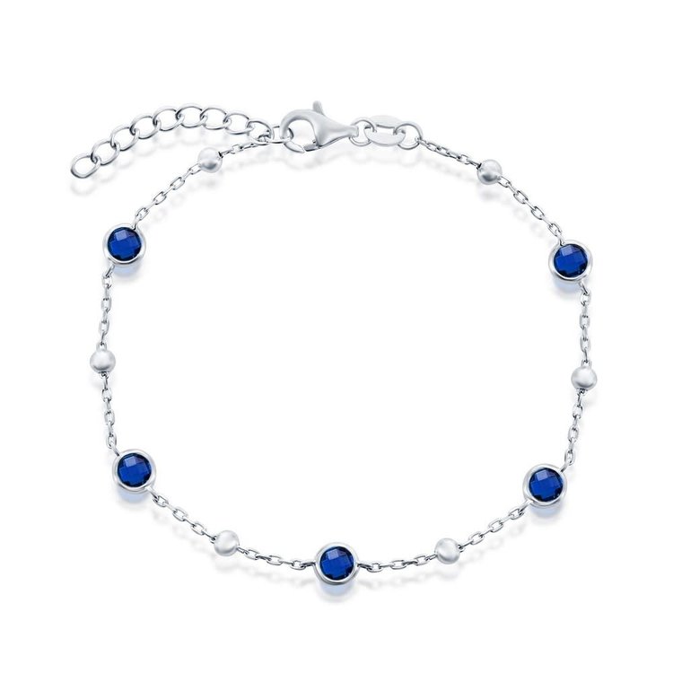 80149 STERLING SILVER BEZEL SET BLUE CUBIC ZIRCONIA BEAD ED BRACELET