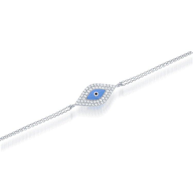 80154 STERLING SILVER CUBIC ZIRCONIA  TURQUOISE ENAMEL DOUBLE STRAN EVIL EYE BRACELET
