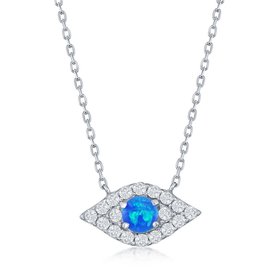 80155 STERLING SILVER CUBIC ZIRCONIA BLUE OPAL EVIL EYE NECKLACE
