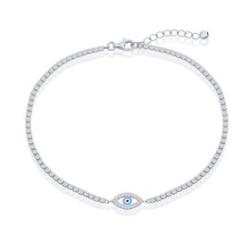 80157 STERLING SILVER CUBIC ZIRCONIA ENAMEL EVIL EYE TENNIS ANKLET BRACELET
