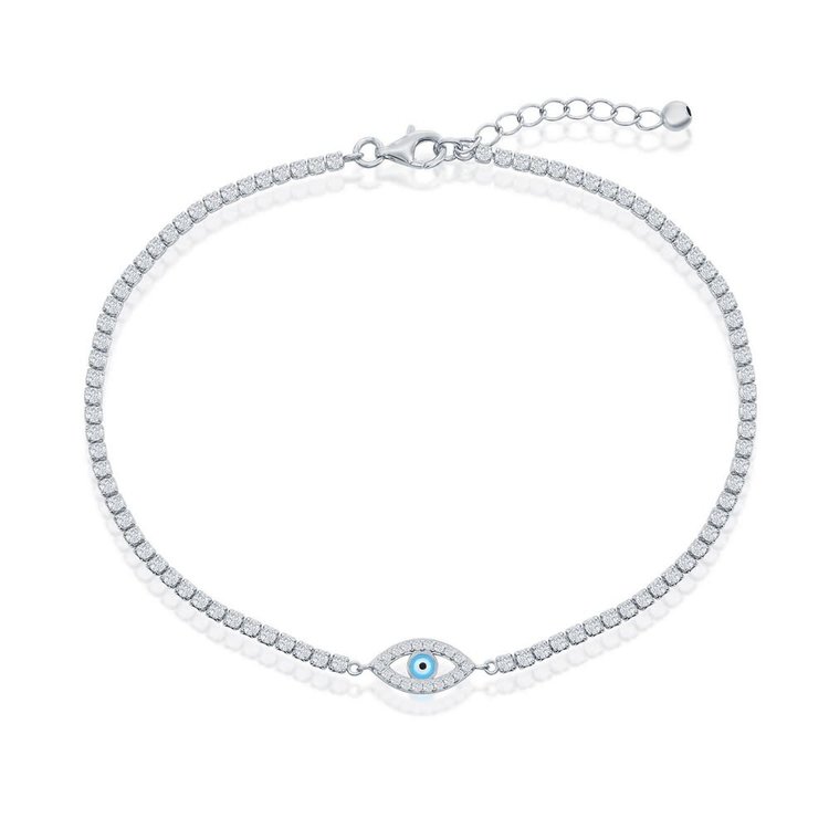 80157 STERLING SILVER CUBIC ZIRCONIA ENAMEL EVIL EYE TENNIS ANKLET BRACELET