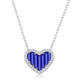 80159 STTERLING SILVER CUBIC ZIRCONIA BLUE BAGUETTE HEART NECKLACE