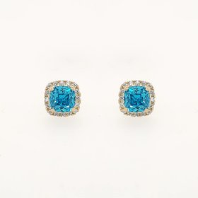 30706 14K  YELLOW GOLD SYNTHETIC BLUE TOPAZ CUSHION CUT WITH CUBIC ZICRONIA HALO STUD EARRINGS