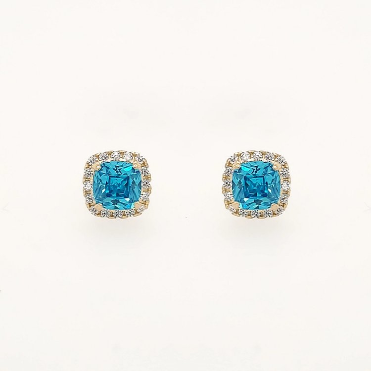 30706 14K  YELLOW GOLD SYNTHETIC BLUE TOPAZ CUSHION CUT WITH CUBIC ZICRONIA HALO STUD EARRINGS