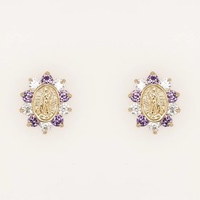 30711 14K YELLOW GOLD VIRGIN MARY CENTER WITH PURPLE AND WHITE CUBIC ZICRONIA STUD EARRINGS