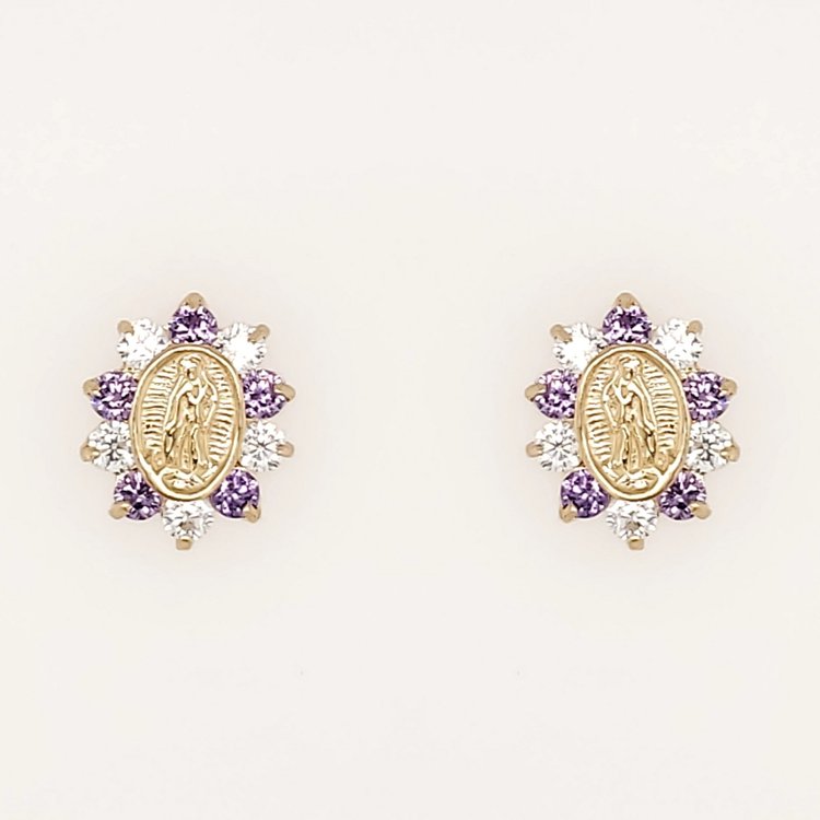 30711 14K YELLOW GOLD VIRGIN MARY CENTER WITH PURPLE AND WHITE CUBIC ZICRONIA STUD EARRINGS
